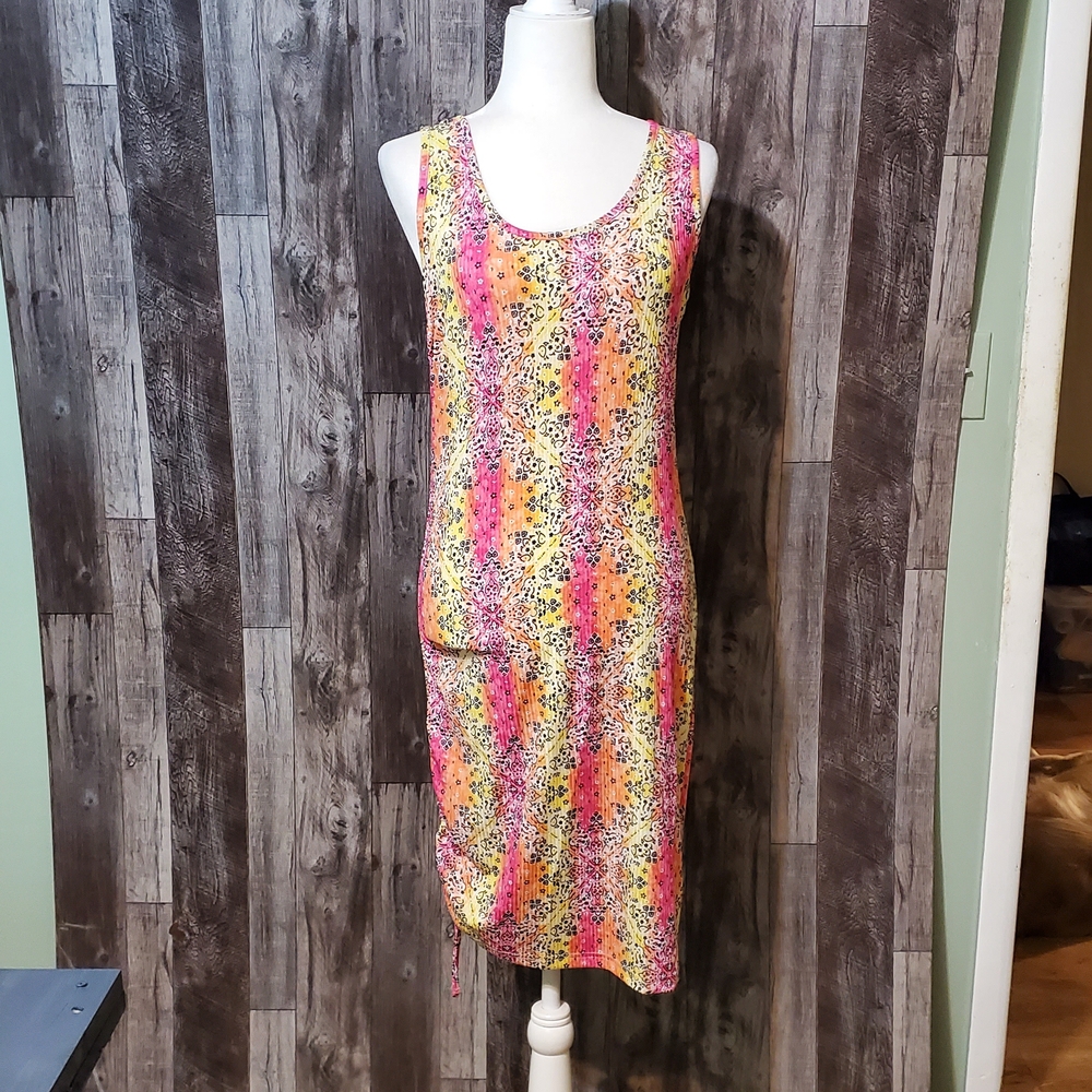 Pink and Orange Sleeveless Sheath Midi Dress